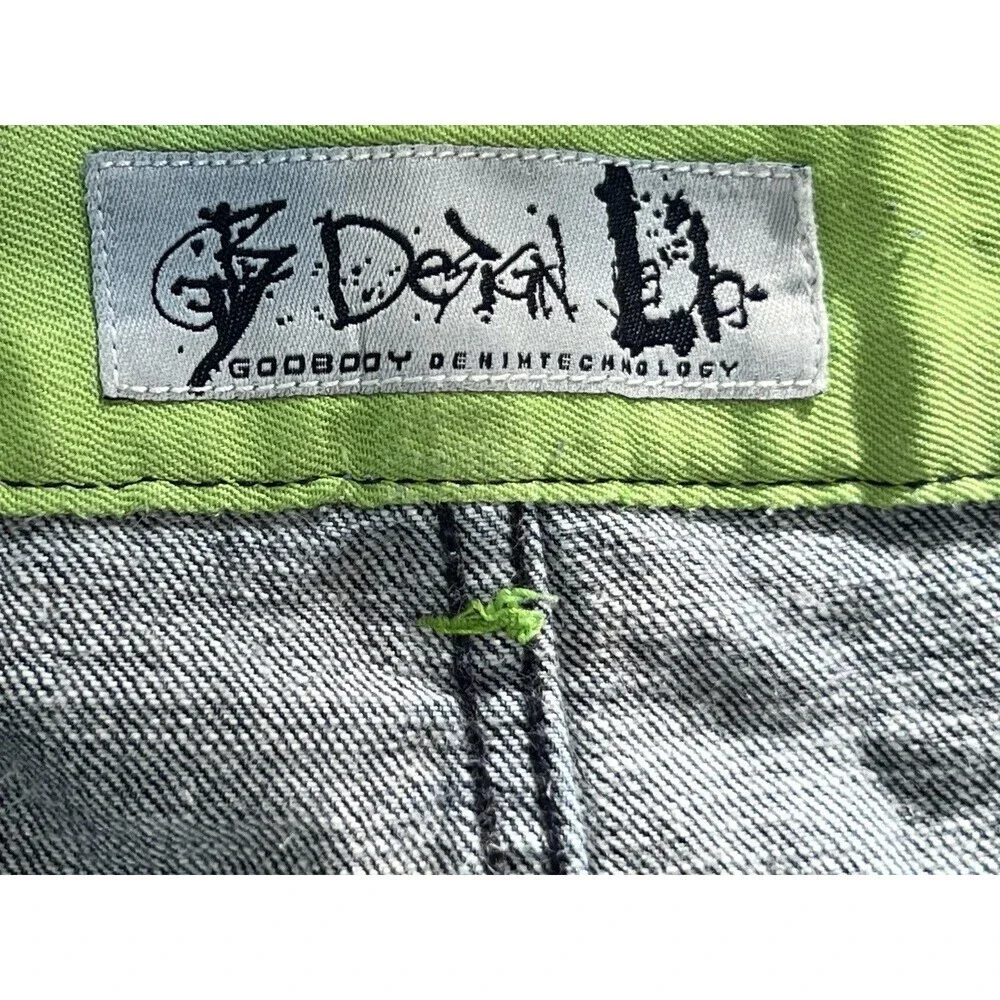 GodBody Men's Blue Jean Shorts Baggy Y2K Skater Streetwear Size 44 Lime Trim